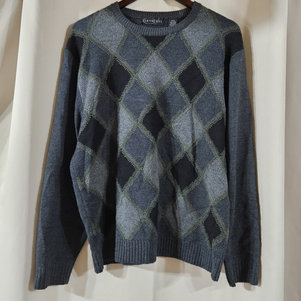 Cotton Reel Mens Grey Argyle‎ Merino Wool Blend Crewneck Sweater Size Medium
